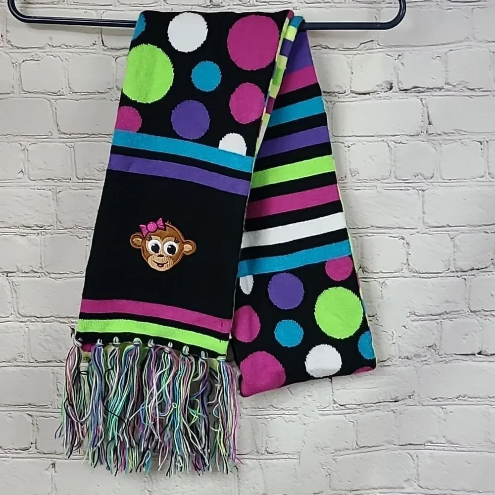 Justice Colorful Reversible Knit Fringe Trim Monkey Embroidered Long Scarf Dots